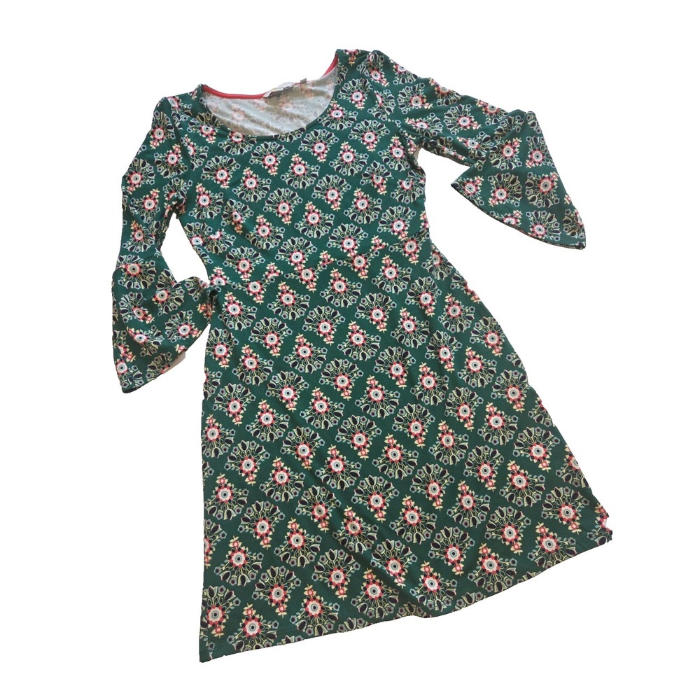 Boden Miriam Stretch Jersey Tunic Dress Green Floral Bell Sleeve Size 6R